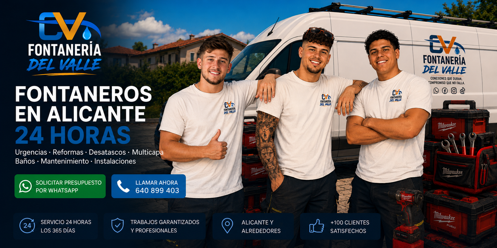Equipo de Fontanería DelValle Alicante junto a la furgoneta de la empresa